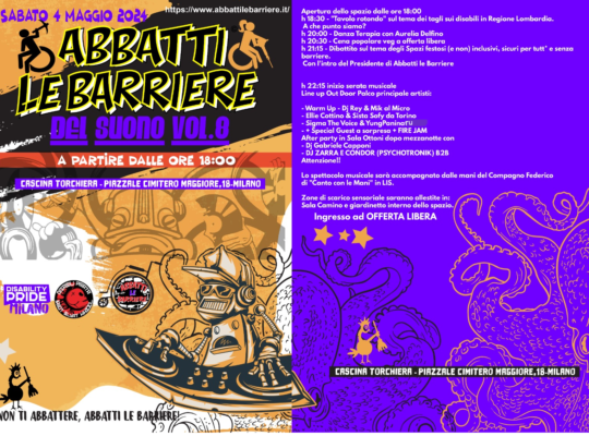 Immagine copertina della festa inclusiva e accessibile di Abbatti le Barriere. Dal lato sinistro sopra la scritta in grande nera e arancione Abbatti le Barriere con i "disabilini" a bordo, uno con il piccone e l'altro con il martello pneumatico. Sotto i loghi dei Disabili Pirata, Abbatti le Barriere e Disability Pride Milano affianco al Robottino DJ Pirata con la console Dj che mette i dischi. Sotto a sinistra il logo della Cascina Torchiera. Nella parte destra del volantino, la line up con la giornata dalle ore 18 fino alle 2 con tante attività e spettacoli.